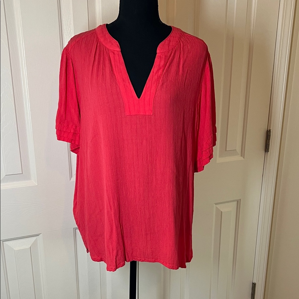 Well Worn Coral Blouse with V-Neck